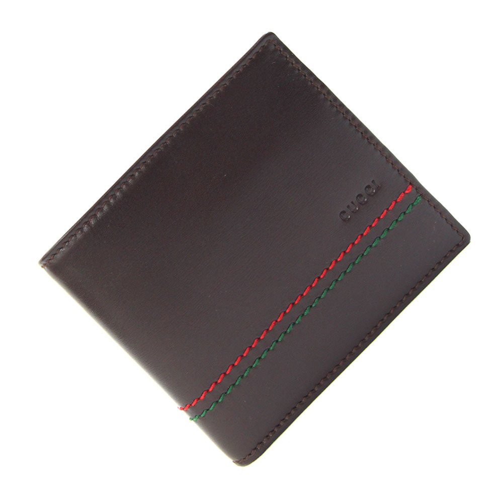 Gucci Bi-fold Wallet 138050 Dark Brown Leather Compact Folding Stitch Men's G...